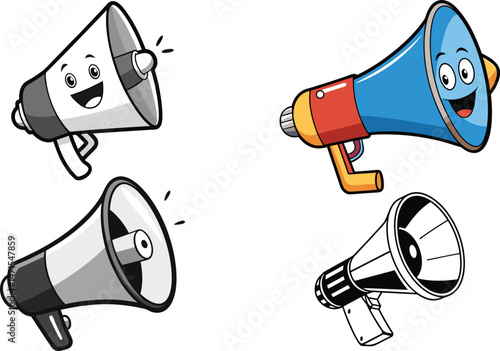 Dynamic Megaphone Illustration – Cartoon Expressive Faces & Realistic Loudspeakers Symbolizing Communication, Social Influence & Public Announcement – High-Impact Stock Image