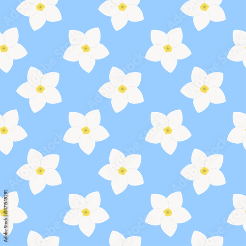 Seamless floral pattern for packaging and wrapping paper. White tropical frangipani flower on blue background. Vector illustration. Plumeria flowers print for gift bag. Ornament for fabric and textile