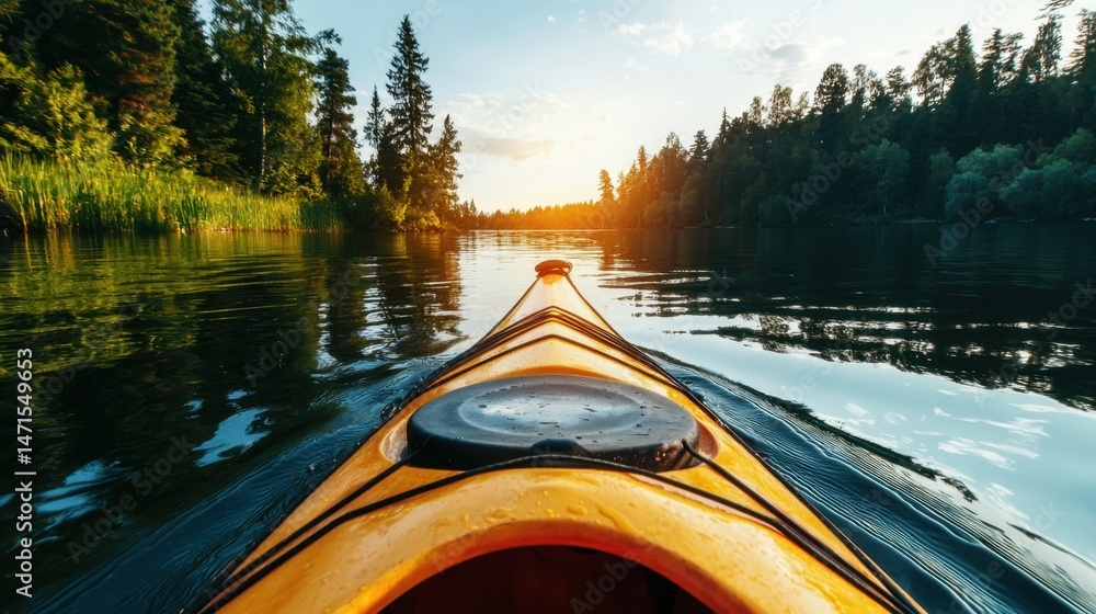 Fototapeta premium Kayaking on a serene lake surrounded by trees during sunset in the early evening