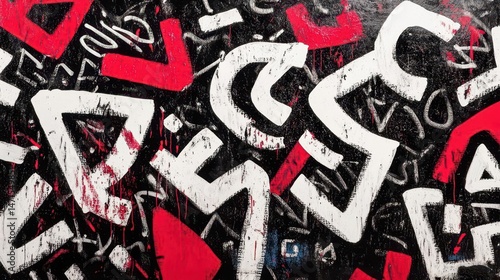 Abstract artwork featuring bold shapes and contrasting colors, evoking energy and movement.