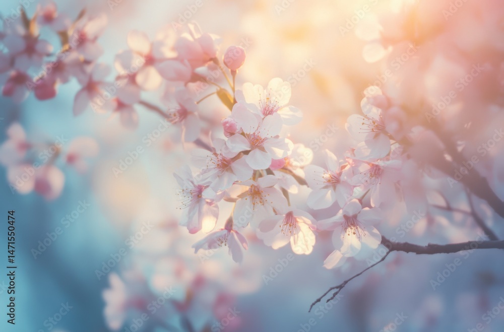Spring cherry blossom trees in full bloom with soft sunlight Spring cherry blossom trees in full bloom with soft sunlight
