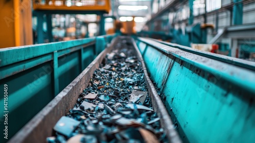 Conveyor belt with metal scraps in industrial recycling facility