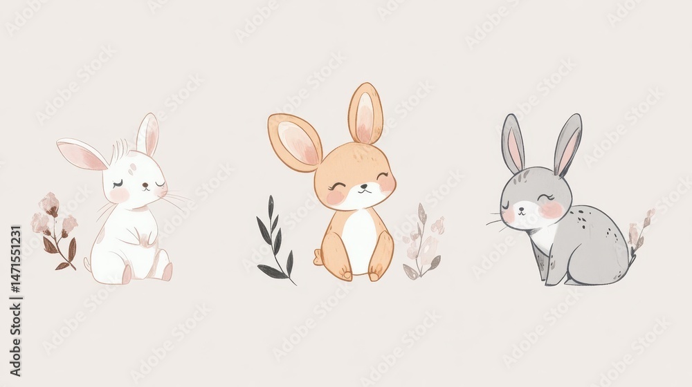 Fototapeta premium Three cute illustrated rabbits with soft colors and floral accents.