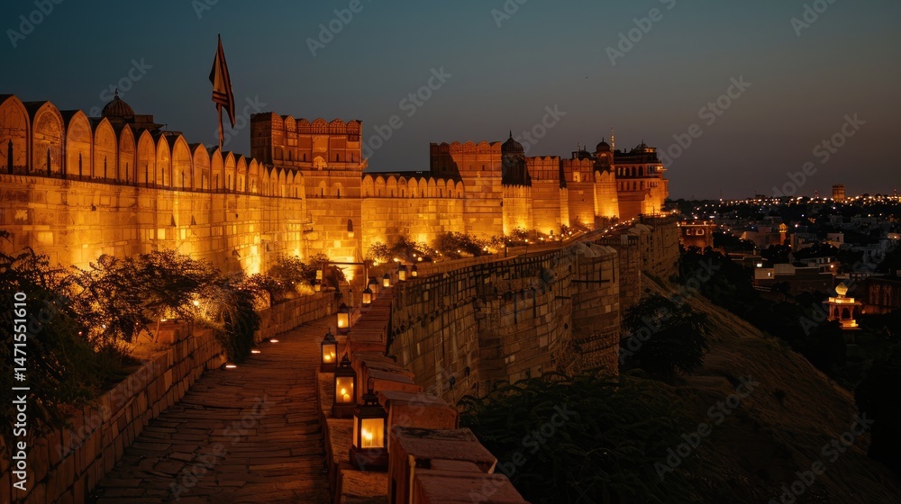 Illuminated ancient fortress walls at twilight. Illuminated ancient fortress walls at twilight.