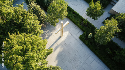Aerial view of a modern cross sculpture in a serene garden setting, surrounded by lush green trees and neatly trimmed hedges, bathed in sunlight. : Generative AI