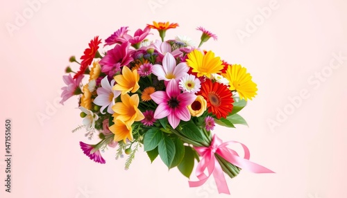 A vibrant bouquet of flowers tied with a pink ribbon, set against a pale background, white, design