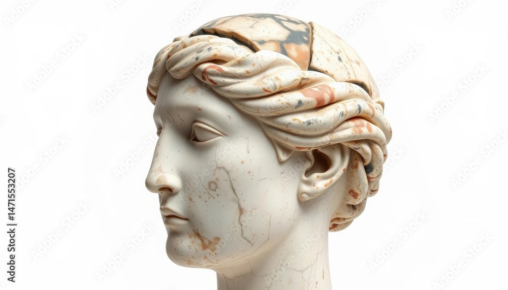 Obraz premium Fragmentary marble head, classical youth, weathered, isolated on white, head, isolated