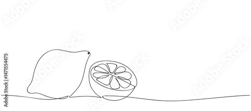 Continuous line drawing lemon and half a lemon on white background. Food illustration.