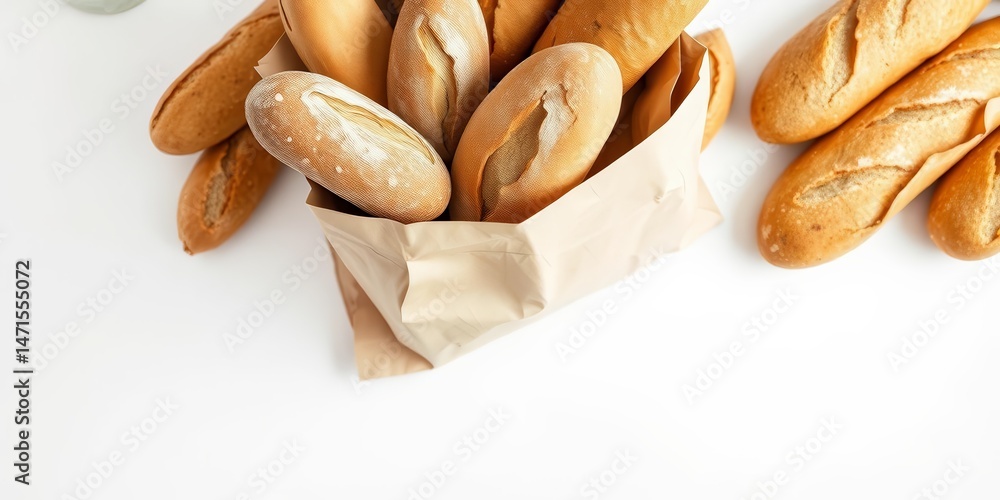 Rustic paper bag overflowing with fresh bread loaves on pristine white, ample copy space, flat lay, studio shot Rustic paper bag overflowing with fresh bread loaves on pristine white, ample copy space, flat lay, studio shot