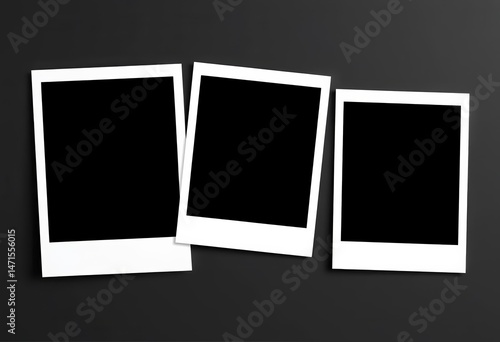 Three black vector polaroid frames with drop shadows, providing ample empty space for design elements, simple, set