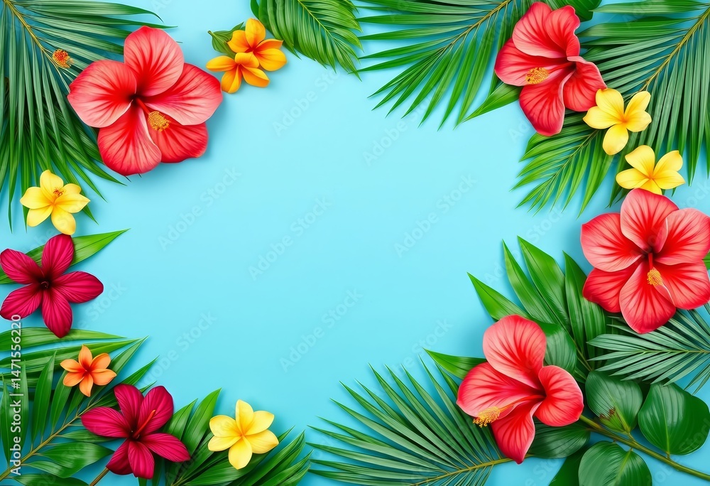 Vibrant flat lay of hibiscus and palm leaves forming a geometric border , artwork, pattern Vibrant flat lay of hibiscus and palm leaves forming a geometric border , artwork, pattern
