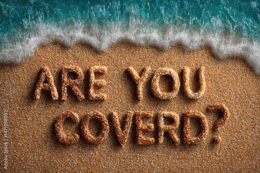 Fototapeta premium Sesame seed snack letters spelling 'Are you covered?' on sandy beach with ocean wave above. : Generative AI