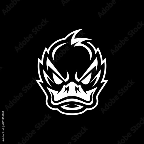 Bold and aggressive duck head mascot logo in a sharp black and white vector style