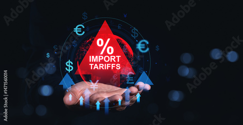 Fotografi Import tariffs increasing concept with red triangle warning sign hovering above open hand surrounded by global currency symbols on dark background