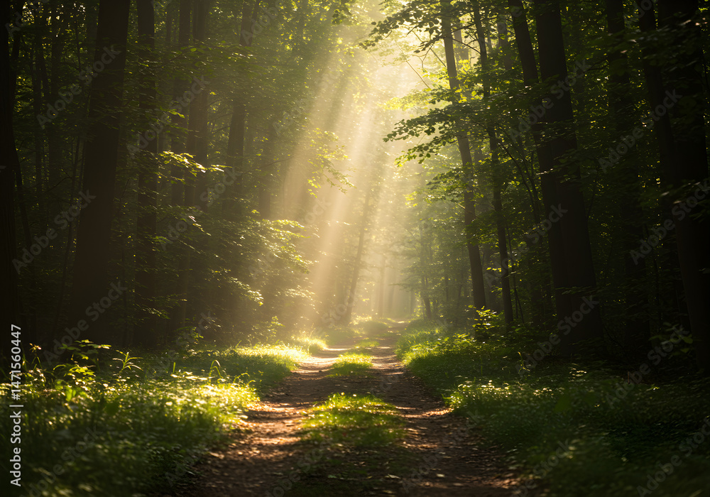 Fototapeta premium A serene forest path bathed in sunlight, with rays piercing through the dense trees, creating a tranquil and magical atmosphere.
