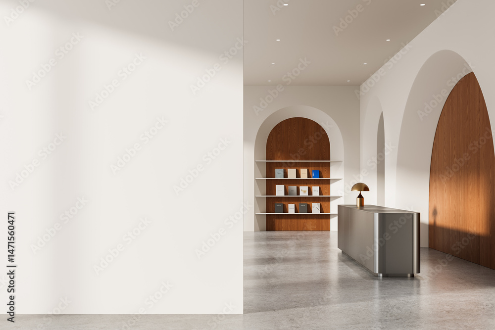 Fototapeta premium Modern minimalist interior with arched wooden elements, sleek metallic counter, and built-in bookshelf under soft lighting in spacious room. 3D Rendering
