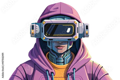 robot in pink hoodie wearing virtual reality headset, fully immersed in digital experience. Concept of futuristic gaming, VR exploration, and modern technology, isolated on white background vector