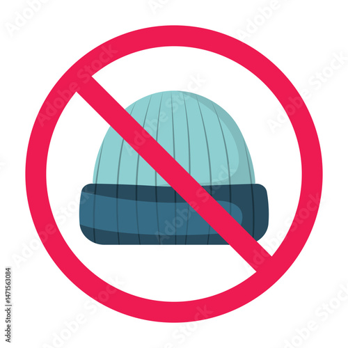Forbidden sign with winter hat icon, no hat allowed sign,  knitted cap prohibition sign, no beanie allowed symbol 