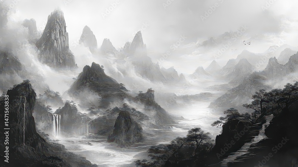 Obraz premium Serene monochrome landscape with mountains, waterfalls, and mist.