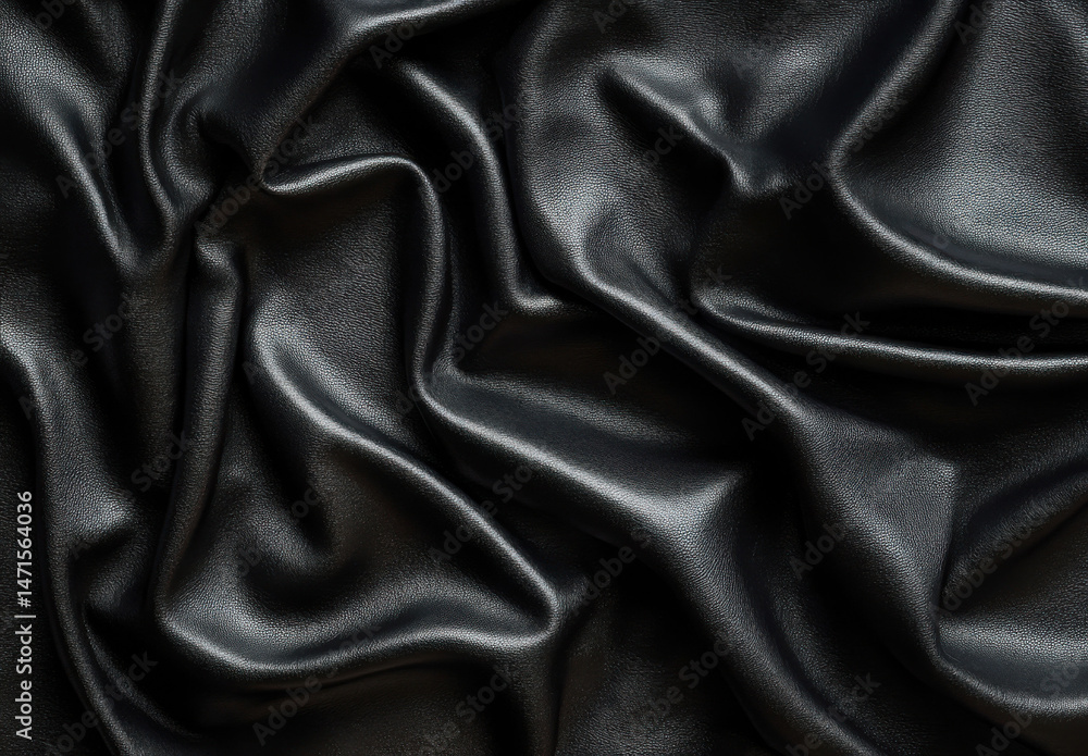Obraz premium Draped black leather texture, showing rich folds and subtle sheen, ideal for fashion, automotive, or luxury product backgrounds. : Generative AI