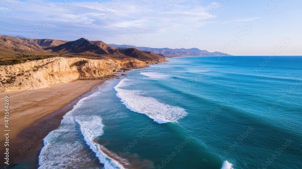Aerial view of a secluded beach with turquoise water lapping gently against a sandy shore, backed by dramatic cliffs and a mountain range under a clear sky. : Generative AI Aerial view of a secluded beach with turquoise water lapping gently against a sandy shore, backed by dramatic cliffs and a mountain range under a clear sky. : Generative AI