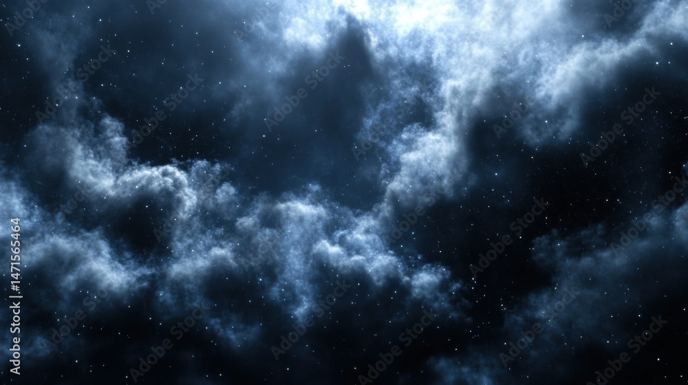 Obraz premium A mesmerizing night sky image featuring dark blue clouds and countless twinkling stars, perfect for backgrounds or space-themed projects. : Generative AI