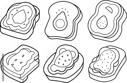 Set of avocado toast outline vector illustration line art