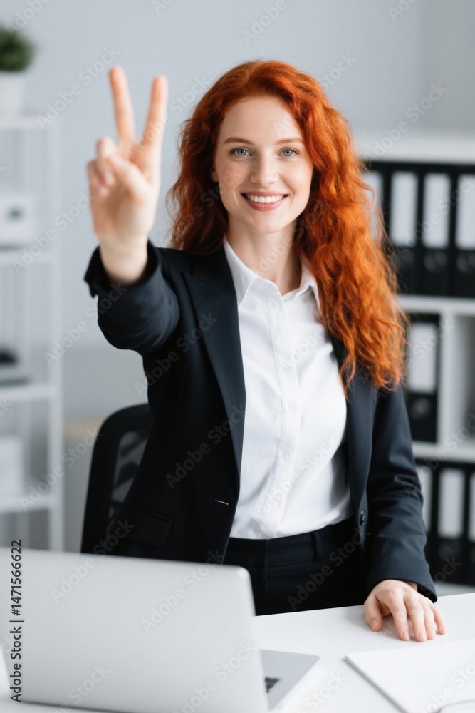 smiling woman in business attire sitting at a desk with a laptop and giving a peace sign smiling woman in business attire sitting at a desk with a laptop and giving a peace sign