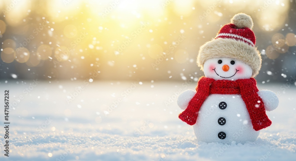 A Cheerful Snowman Stands In A Snowy Landscape With Falling Snow And A Bright Sunny Glow Behind It A Cheerful Snowman Stands In A Snowy Landscape With Falling Snow And A Bright Sunny Glow Behind It