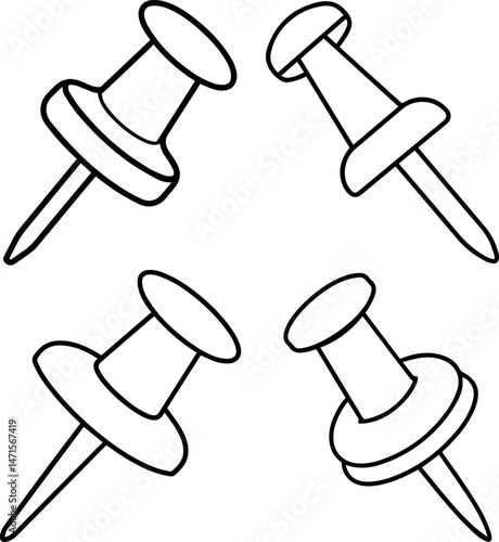 Set of push pin clip outline vector illustration line art