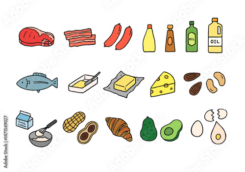 脂質を含む食べ物の手描きイラストセット