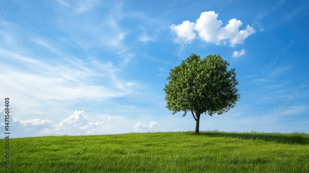 Obraz premium Single tree standing on a grassy hill under a vibrant blue sky with fluffy white clouds, idyllic summer landscape. : Generative AI