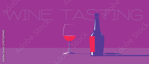 Banner drink party, wine tasting, flat design poster. Bottle of red wine, glass, alcohol, holiday, pinot noir, cabernet, sauvignon