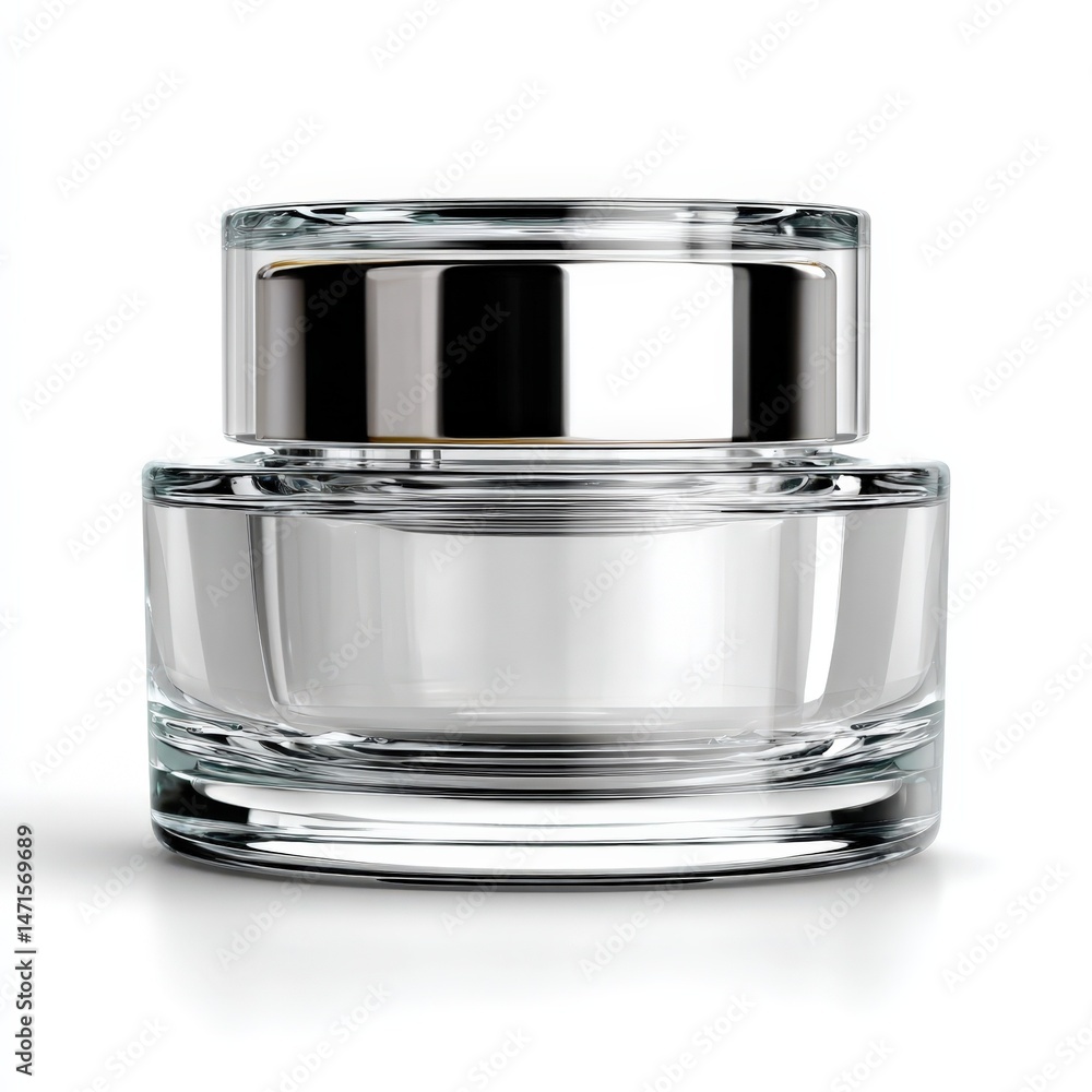 Elegant Clear Glass Cosmetic Jar with Silver Lid Perfect for Skincare or Perfume Packaging Mockup Elegant Clear Glass Cosmetic Jar with Silver Lid Perfect for Skincare or Perfume Packaging Mockup