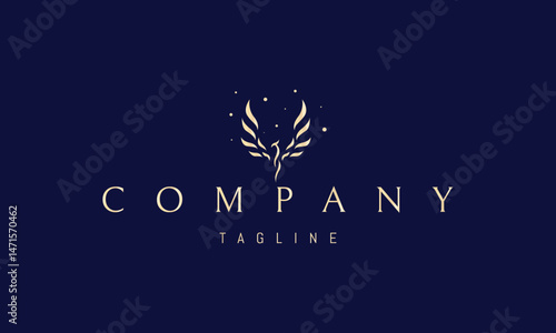 Vector golden logo with an abstract image of a phoenix with wings of fire.