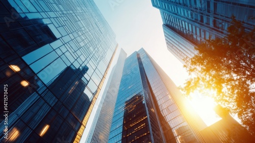 Wallpaper Mural Modern skyscrapers reflecting sunlight, viewed from below, showcasing architectural details and urban landscape during a vibrant, sunny day. : Generative AI Torontodigital.ca