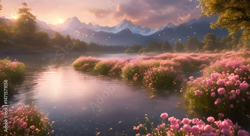 Serene Sunset Landscape with Pink Flowers and Mountains