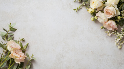 Elegant blush pink roses and eucalyptus sprigs arranged on a light gray textured background, creating a charming floral border with copy space. : Generative AI