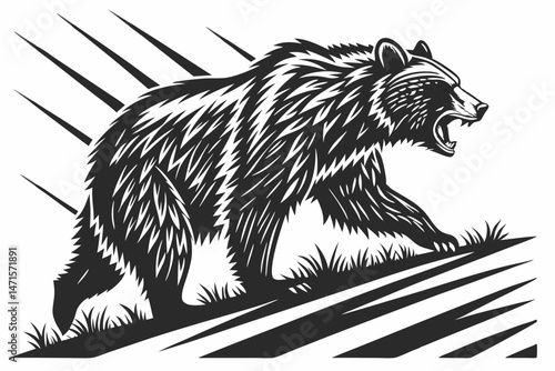 13 Black and white illustration, running bear, dynamic motion lines, woodcut style, intricate fur details, side profile, stylized animal art, high contrast, bold lines, graphic design, speed effect, m