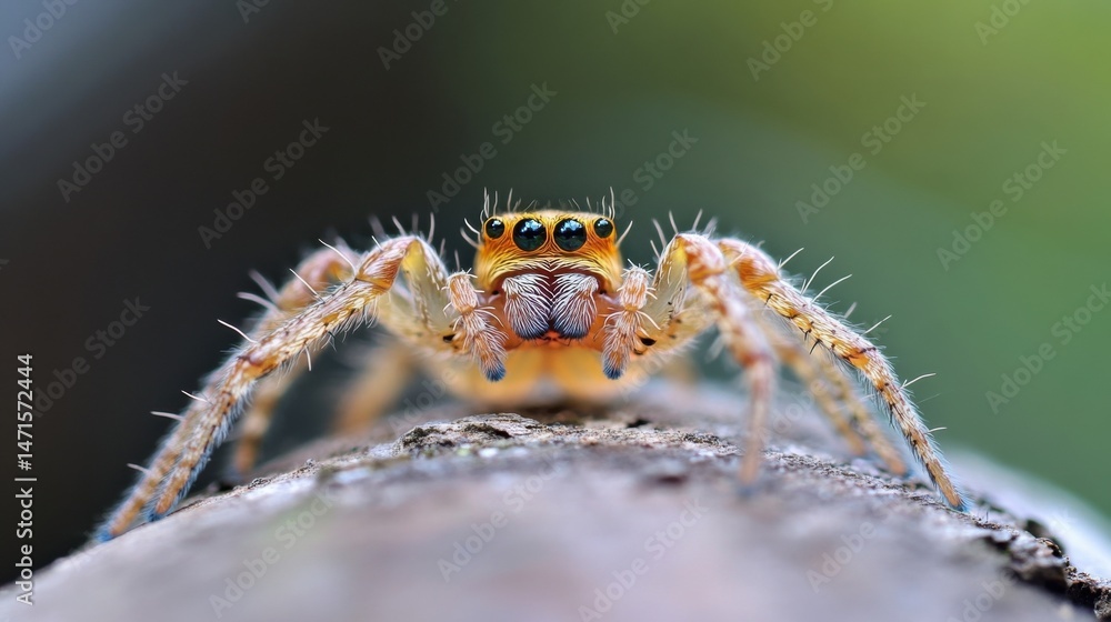 Close-up view of a vibrant orange jumping spider perched on a textured tree branch, showcasing its intricate details and striking eyes. : Generative AI Close-up view of a vibrant orange jumping spider perched on a textured tree branch, showcasing its intricate details and striking eyes. : Generative AI