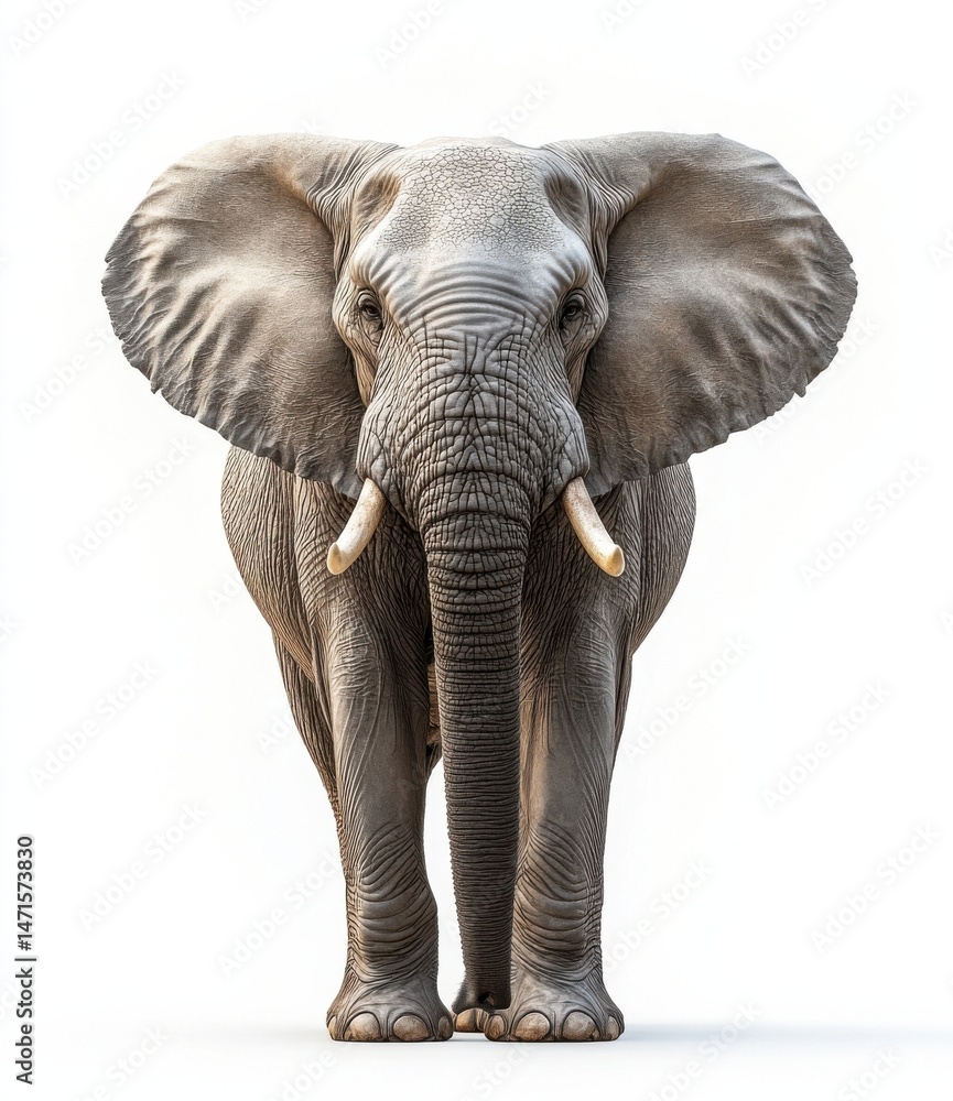 Obraz premium A majestic african elephant stands facing the camera, its large ears spread wide, showcasing its powerful presence and detailed textured skin. The ivory tusks are prominent, and the e : Generative AI