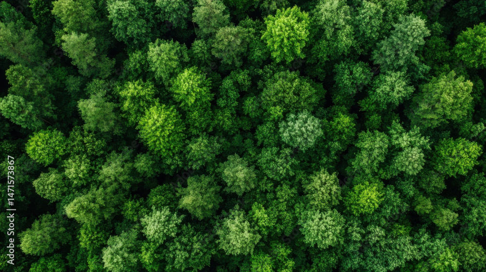 Naklejka premium Aerial view of a lush, green forest canopy, showcasing dense treetops in various shades of green, creating a textured natural pattern. : Generative AI