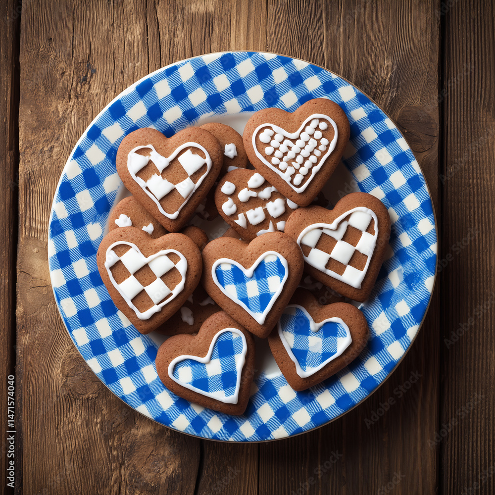 Obraz premium blue and white checkered plate with traditional german chocolate heart shaped cookies