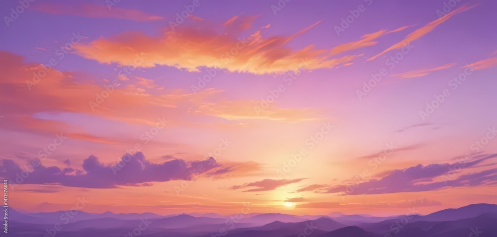 Fototapeta premium Abstract watercolor sky, soft sunset hues in orange and purple , nature, tranquil