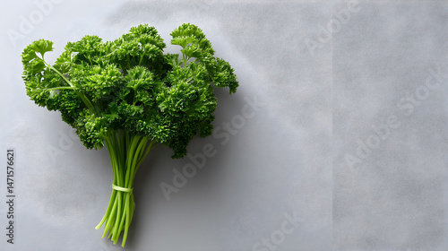 Fresh parsley bunch tied together, lying on gray surface, showcasing verdant herb's culinary potential and vibrant natural flavor profile