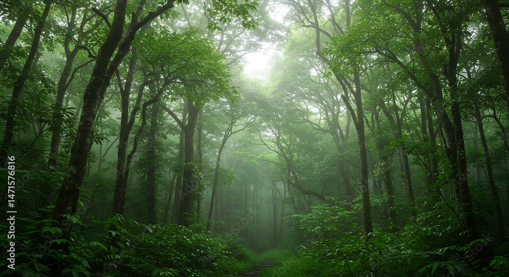 Obraz premium Mystical forest path shrouded in fog and vivid green foliage, an ideal backdrop for fantasy, mystery or nature exploration themes.