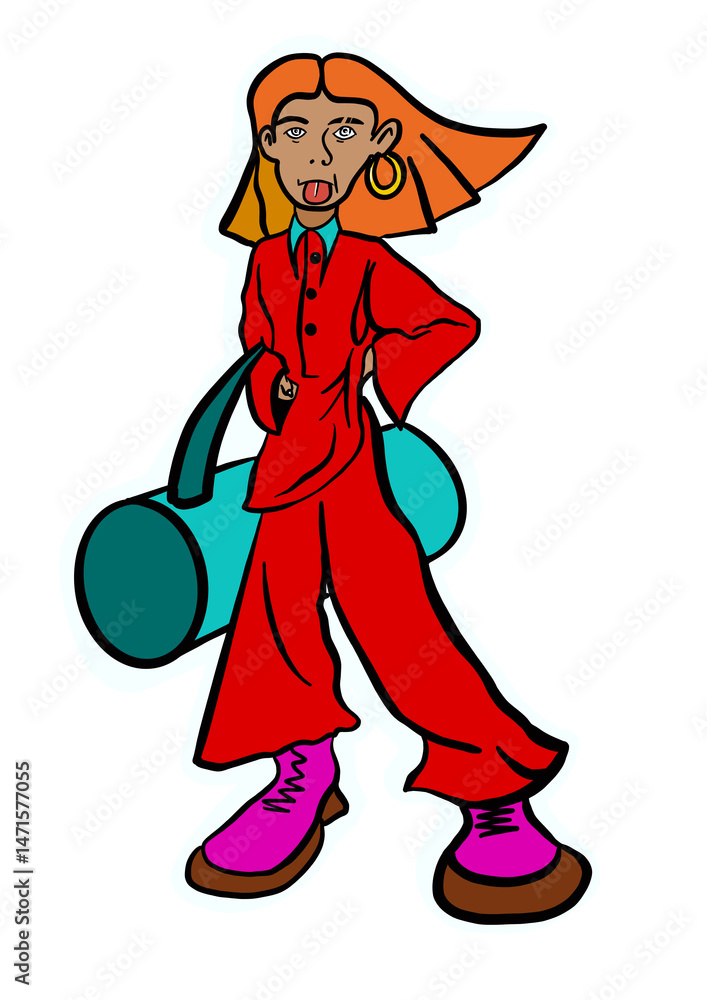 Illustration of a cartoon girl in a red suit with a big bag