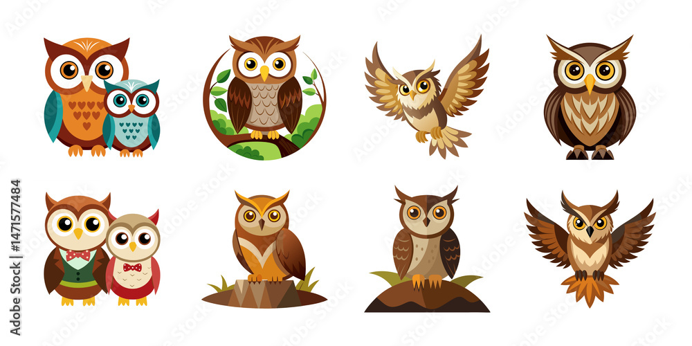 Obraz premium Owl set, set of owl illustration, set of funny animals