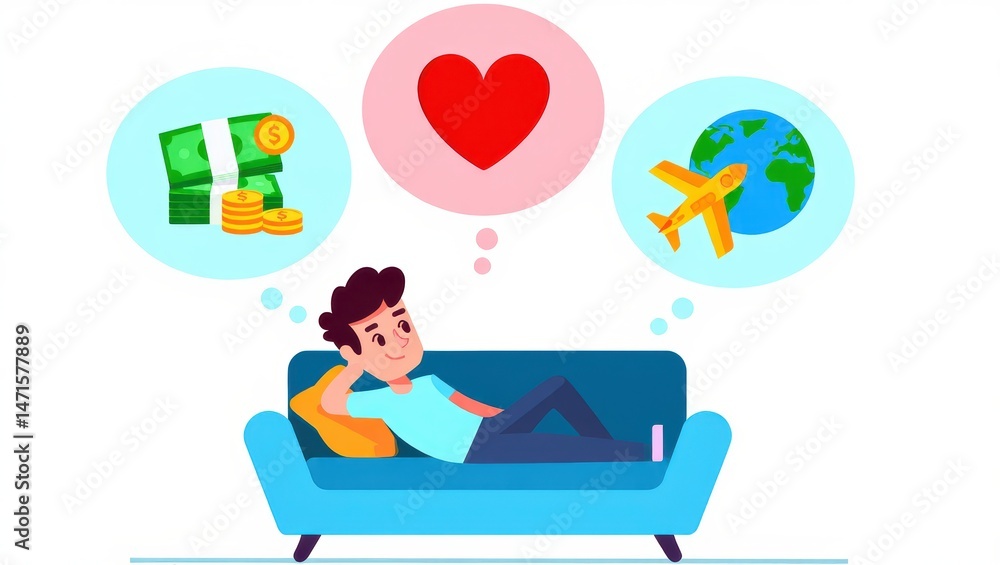 Daydreaming person on couch with aspirations Daydreaming person on couch with aspirations