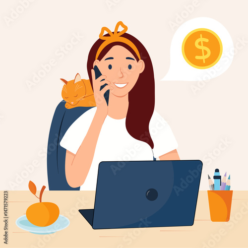 Young woman working on laptop and talking on the phone. The cat is sleeping on the chair. Flat vector illustration